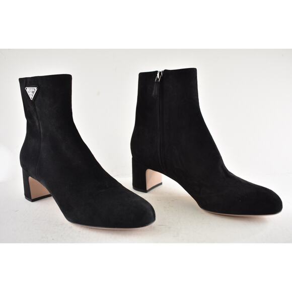 Prada 55MM Tronch Black Suede Silver Logo Short Ankle Block Heel Bootie 38.5 - Picture 3 of 11